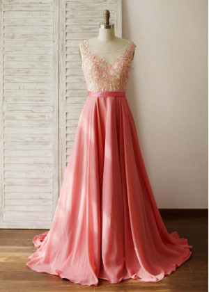 Coral Lace Chiffon Pearls Embellished Charming Prom Dress